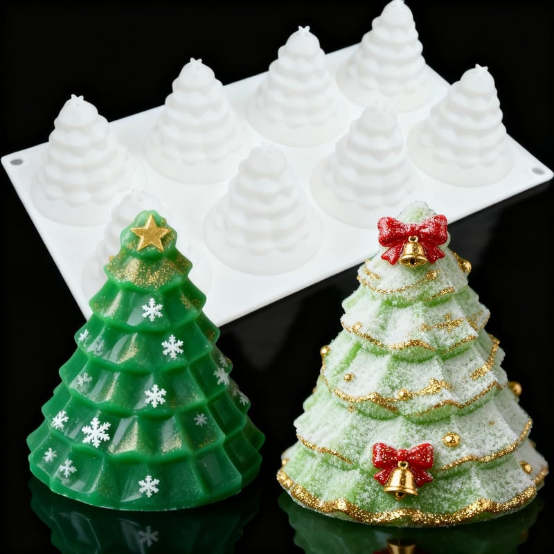 LLPMutu 3D Christmas Tree Silicone Molds Large Christmas Molds Xmas Tree Pan Silicone Mold 8-Cavity Christmas Cake Mold for Mousse Cake Muffin Baking Jello Chocolate Ice Cube Soap Candle Lotion Bar Bath Bomb - Image 1